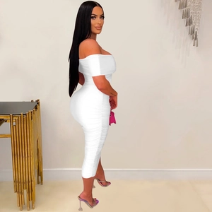 Detailed view of white off-shoulder ruched dress showing high elasticity and slim fit design