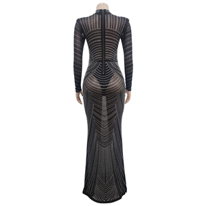 Vue arrière d'une robe en résille avec fermeture éclair et motifs de strass brillants