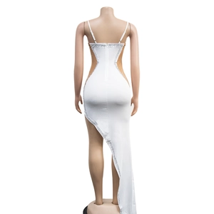 Detail of white evening dress featuring mesh side panels with sparkling rhinestones
