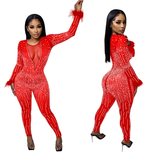 Detail of red long sleeve jumpsuit with mesh V-neck, rhinestones, and feather cuffs