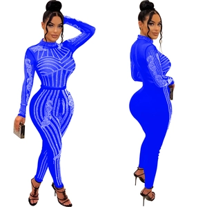 Detail of blue mesh jumpsuit with sparkling rhinestone geometric patterns and long sleeves