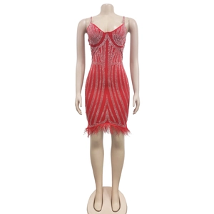 Vue détaillée d'une robe mini rouge avec motifs en strass et bordure en plumes de luxe