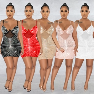 Women Sexy Rhinestone Mesh Spaghetti Strap V-Neck Bodycon Mini Dress Sparkly Sleeveless Party Evening Nightclub Dress