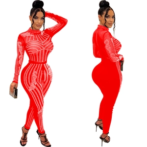 Detail of red mesh jumpsuit with intricate rhinestone patterns and long sleeves