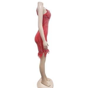 Vue détaillée d'une robe moulante rouge avec des strass argentés et une bordure en plumes
