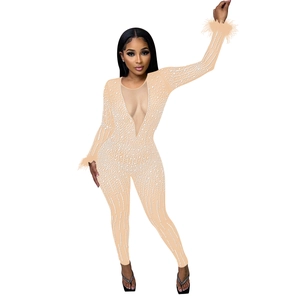 Detail of nude mesh jumpsuit featuring V-neck, sequin stripes and feather cuffs