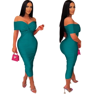 Detailed ruched fabric texture of an off-the-shoulder teal bodycon midi dress for women