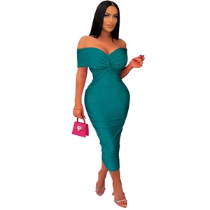 Detail of teal off-shoulder ruched bodycon midi dress with elegant twist-knot chest design