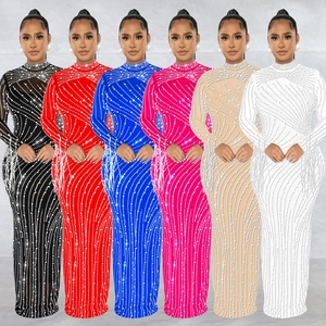 Women Sexy Sheer Mesh Rhinestone Long Sleeve Maxi Dress With Lining Top And Bottom Elegant Party Evening Gown