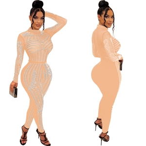 Detail of nude mesh jumpsuit featuring shimmering rhinestones and a high collar