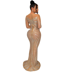 Close-up of nude mesh gown featuring radiant silver rhinestones in a slim mermaid fit