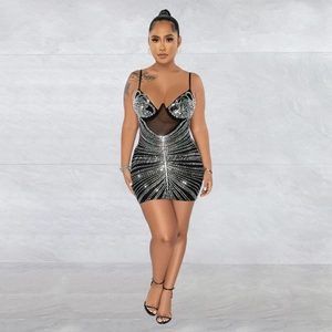 Sleeveless mesh mini dress with silver rhinestones and sheer v-neckline detail
