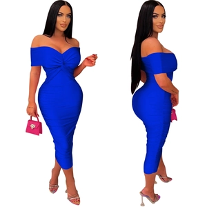 Detail of blue off-shoulder dress with pleated texture and slim fit bodycon silhouette