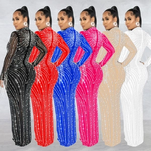 Close-up of long sleeve mesh maxi dresses with radiant rhinestones in six colors