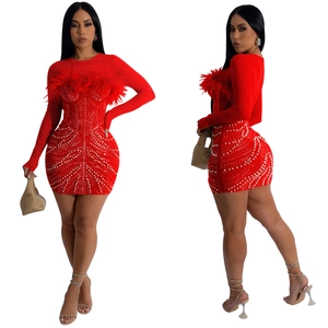 Detail of red mesh mini dress featuring feather trim and sparkling rhinestone patterns
