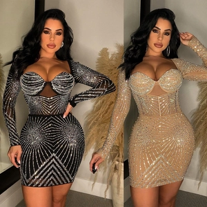 Women Mesh Rhinestone Bodycon Mini Dress Elegant Geometric Long Sleeve V-Neck Sexy Evening Party Banquet Dress