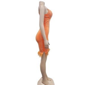 Détail de la robe orange avec strass argentés et bordure en plumes sur l'ourlet