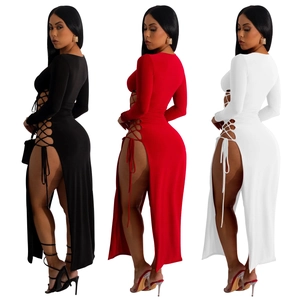 Robe longue moulante à manches longues avec laçage latéral et fente haute sexy chic