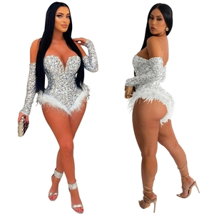 Silver sequin bodysuit with deep V-neck, matching long sleeves and white feather trim detail