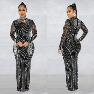 Detail of sheer mesh dress with radiant rhinestones and silver fringe on the sleeves