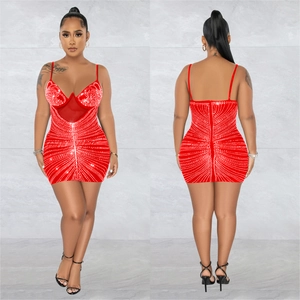 Front and back views of a red mesh mini dress featuring silver rhinestones and deep V-neck