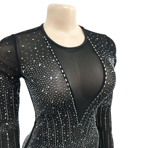 Detail of black long-sleeve jumpsuit with mesh V-neck and sparkling silver rhinestones