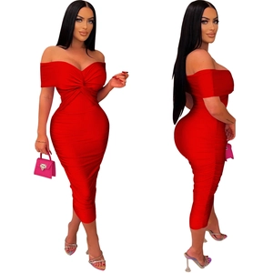 Detail of red off-shoulder slim dress with heart knot chest and pleated texture