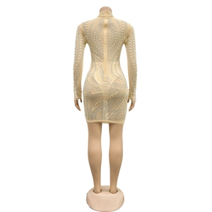 Détails du dos d'une robe en maille avec paillettes, perles et poignets en plumes