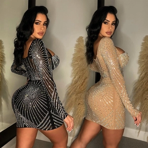 Comparison of black and apricot bodycon mini dresses with mesh and rhinestone detailing