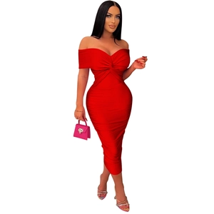 Detail of red off-shoulder bodycon midi dress with ruched texture and twist knot neckline