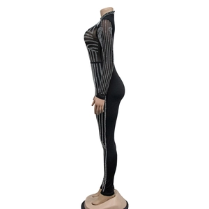 Detail of mesh sleeves and silver rhinestone stripes on a black high-neck jumpsuit