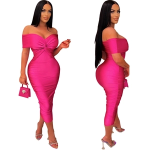 Hot pink off-shoulder bodycon midi dress with ruched details and front knot design