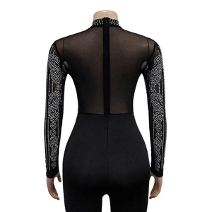 Detail of sheer black mesh sleeves and back with intricate rhinestone geometric patterns
