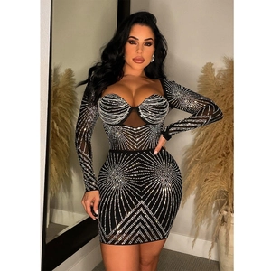 Elegant black bodycon mini dress with mesh sweetheart neck and silver rhinestones