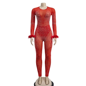 Detail of red mesh jumpsuit with rhinestones and feather cuffs for party wear
