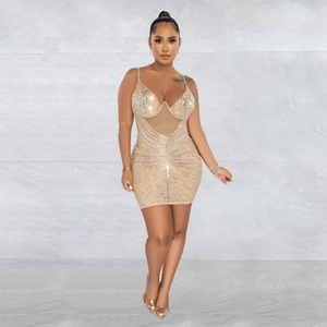 Sleeveless champagne bodycon mesh mini dress with sparkling rhinestones and spaghetti straps