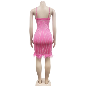 Détails du dos d'une robe rose moulante avec lignes de strass et plumes au bas
