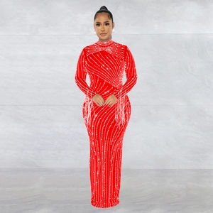Elegant red long sleeve mesh maxi dress with sparkling rhinestones and flowing side tassels