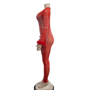 Detail of red mesh jumpsuit with rhinestones and feather trim on sleeves