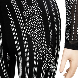 Detail shot of black mesh jumpsuit featuring silver rhinestone stripes and slim fit design