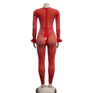 Detailed back view of red mesh jumpsuit featuring sparkling rhinestones and feather cuffs