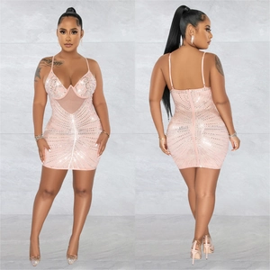 Front and back detail of pink sequin mini dress with deep V-neck and mesh insert