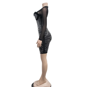 Close-up of black mesh sleeves with elegant feathers and sparkling rhinestones on the dress