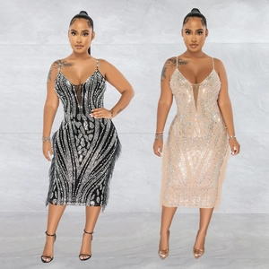 Damen Spaghetti-Träger V-Ausschnitt Strass Quaste Midi Kleid Elegant Bodycon Mesh Abend Party Bankett Clubwear Kleid