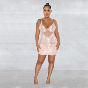 Pink rhinestone mesh mini dress with deep V-neck and slim fit for women party wear