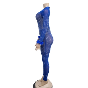 Detail of blue mesh jumpsuit featuring sparkling rhinestones and feather cuffs