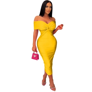 Detailed view of yellow off-shoulder bodycon dress with side ruching and slim fit design