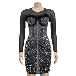 Detail of black mini dress with mesh sleeves, feathers and sparkling rhinestones