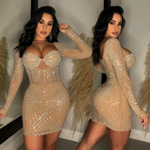 Detailed close-up of beige mesh dress with silver sequins and deep V-neckline