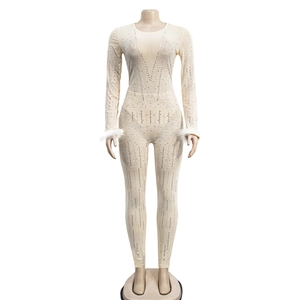 Detail of mesh bodysuit with deep V-neck, shimmering rhinestones and feather cuffs
